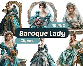 May include: A set of 49 digital clipart images featuring women in baroque-style clothing. The women are wearing elaborate gowns and hairstyles, and some are holding flowers. The images are in PNG format and are ideal for use in digital scrapbooking, card making, and other creative projects.