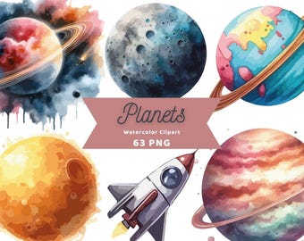 Planetas Clipart / Paquete PNG / Descarga digital / Planetas de acuarela / Descarga digital instantánea / Arte de acuarela / Uso comercial