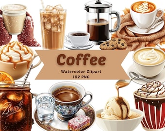 Coffee Watercolor Clipart | Sticker | PNG Bundle | Digital Download | Watercolor Art | Cozy Coffee Graphics | Commercial Use