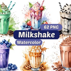 Pode incluir: Ilustrações de aquarela de seis batidos diferentes. Cada batido está em um copo com um canudo e coberto com chantilly e vários ingredientes. Os batidos são de diferentes cores, incluindo verde, rosa, marrom, branco e roxo. As ilustrações são cercadas por respingos de aquarela e outros elementos decorativos.
