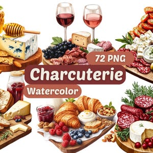 Tablas de charcutería con acuarela, imágenes prediseñadas de charcutería con queso, paquete PNG, imágenes prediseñadas de tablas de charcutería, imágenes prediseñadas de acuarela, gráficos de alimentos