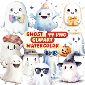 Lindos fantasmas acuarela clipart / calcomanía / paquete PNG / clipart de fantasmas / descarga digital / arte de acuarela / PNG de Halloween / uso comercial