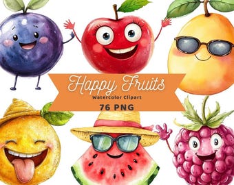 Happy Kawaii Fruits Watercolor Clipart | Sticker | PNG Bundle | Digital Download | Watercolor Art | Fruits PNG | Food PNG | Commercial Use