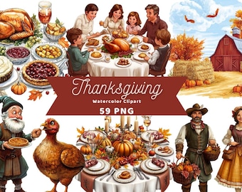 May include: A watercolor clipart set featuring Thanksgiving themed illustrations. The set includes a family gathered around a table with a roasted turkey, a farmhouse with hay bales, a gnome holding a pie, a turkey, and a couple in pilgrim attire.