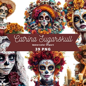 Catrina Sugarskull Clipart | Sticker | PNG Bundle | Sugar Skull Clipart |  Digital Download | Watercolor Art | Halloween PNG |Commercial Use