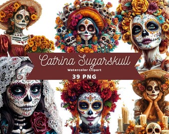 Catrina Sugarskull-clipart | Sticker | PNG-bundel | Clipart suikerschedel |  Digitale download | Aquarelkunst | Halloween-png | Commercieel gebruik
