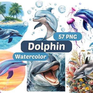 Clipart aquarelle dauphin mignon | Dauphin PNG | Ensemble PNG | Téléchargement numérique | Aquarelle | Graphiques dauphins | Animaux PNG