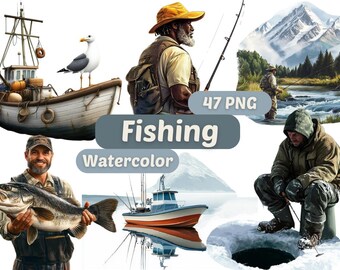 Clipart acquerello di pesca / PNG di pesca / Pacchetto PNG / Clipart del pescatore / Clipart acquerello / Grafica del pescatore