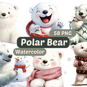 Christmas Polar Bear Watercolor Clipart | Polar Bear PNG | PNG Bundle | Bear Clipart | Christmas Clipart | Christmas Bear Graphics