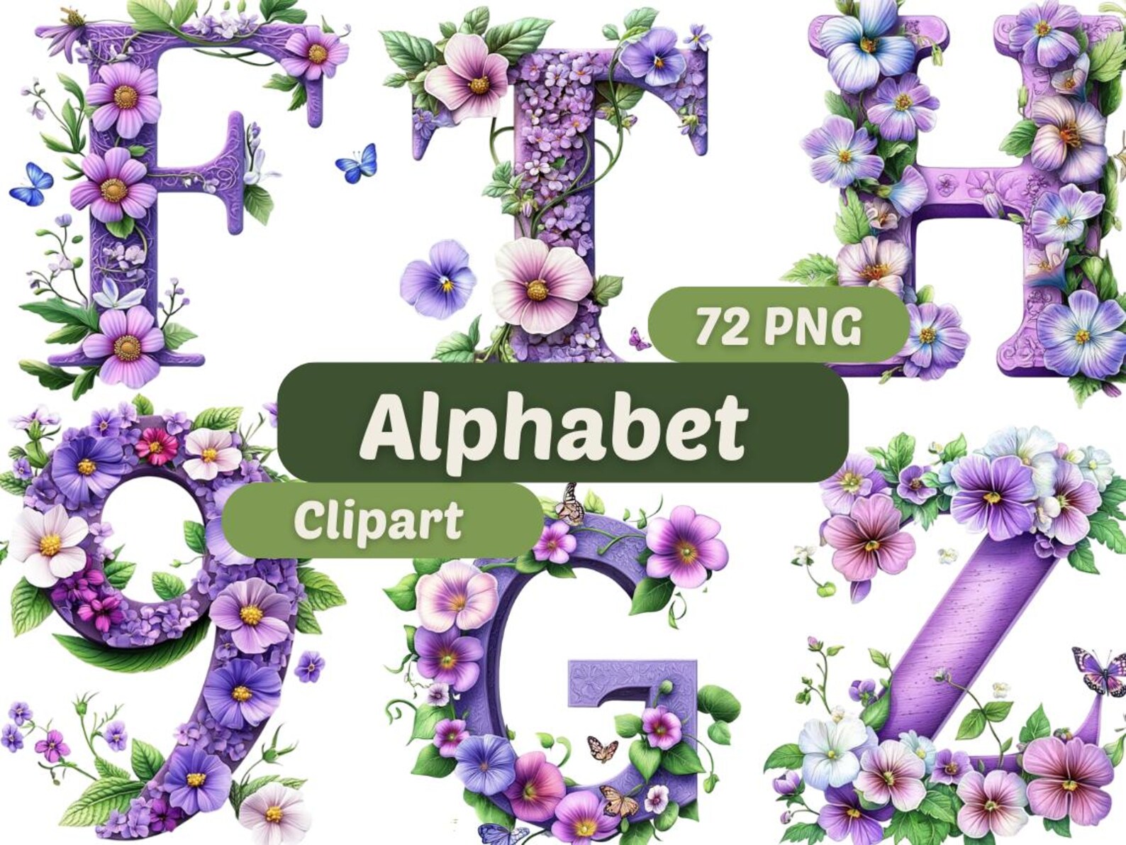 Floral Purple Alphabet Clipart | Floral Alphabet PNG | Alphabet PNG ...