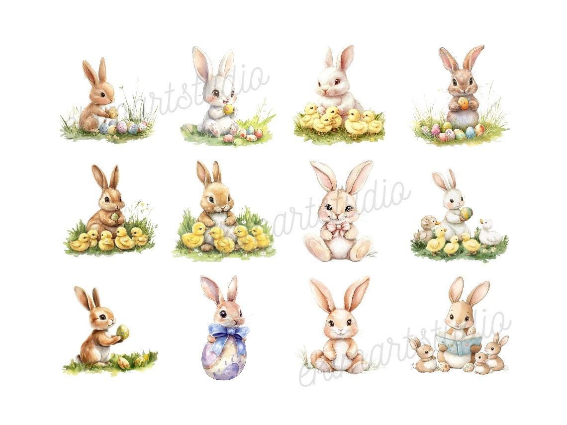 Cute Bunny Watercolor Clipart | Sticker | PNG Bundle | Digital Download ...