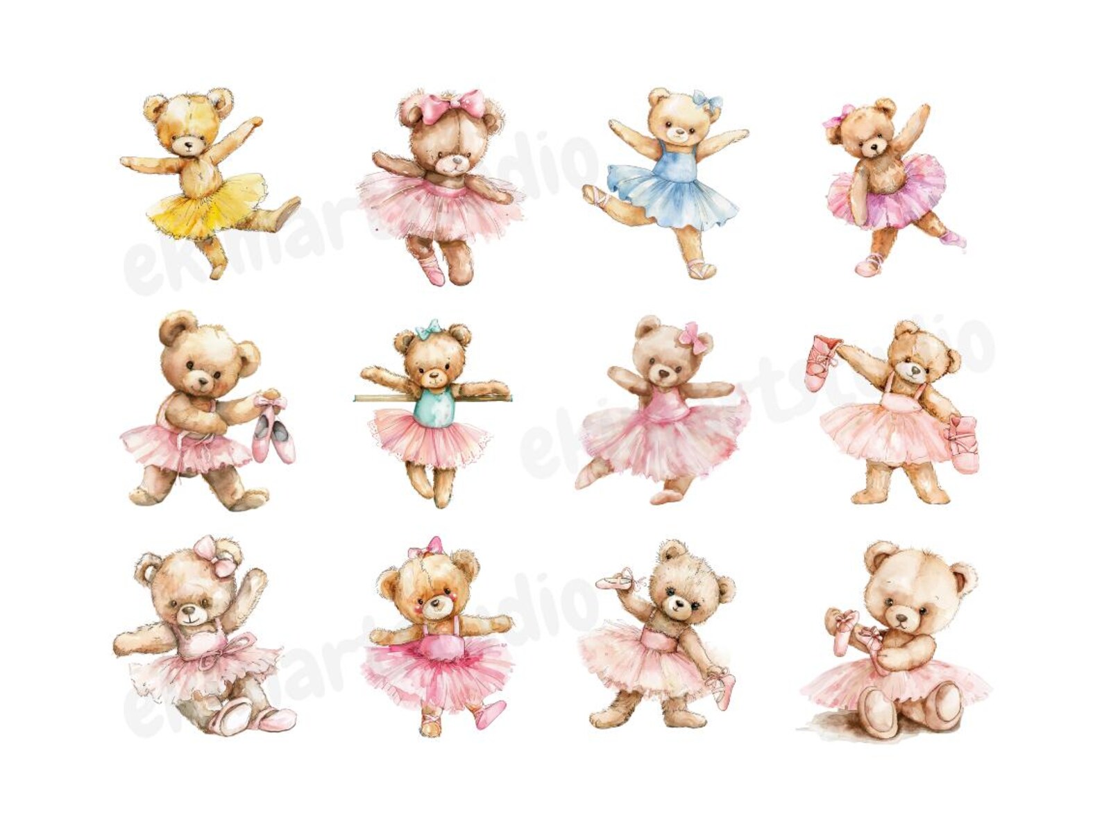 Ballerine Teddy Bear Watercolor Clipart | Teddy Bear PNG | PNG Bundle ...