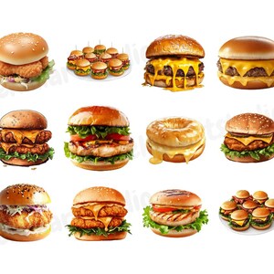 May include: A variety of different types of burgers, including cheeseburgers, chicken burgers, and veggie burgers. Some of the burgers are topped with cheese, lettuce, tomato, and onion. There is also a donut-shaped burger with a melted cheese topping.