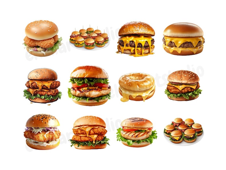 May include: A variety of different types of burgers, including cheeseburgers, chicken burgers, and veggie burgers. Some of the burgers are topped with cheese, lettuce, tomato, and onion. There is also a donut-shaped burger with a melted cheese topping.