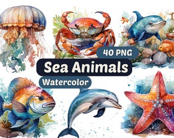 Animales marinos acuarela clipart / pegatina / paquete PNG / descarga digital / arte de acuarela / descarga digital instantánea / uso comercial