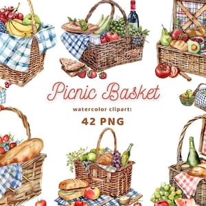 Picnic Basket Watercolor Clipart | Sticker | PNG Bundle | Digital Download | Watercolor Art | Instant Digital Download | Commercial Use