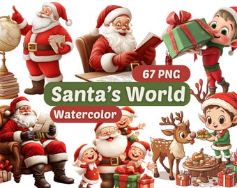 Christmas Santa Watercolor Clipart | Santa PNG | PNG Bundle | Santa Claus Clipart | Christmas Clipart | Santa's World Graphics