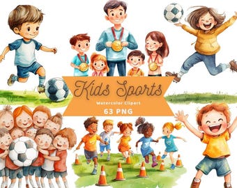 Imágenes prediseñadas de acuarela deportiva para niños / Imágenes prediseñadas deportivas / Paquete PNG / Descarga digital / Arte de acuarela / Niños atléticos / Uso comercial