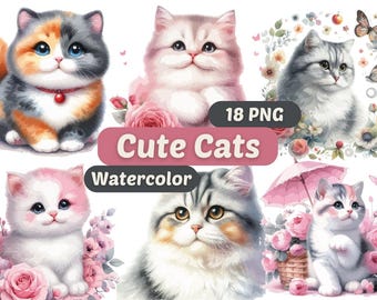Cute Cat Watercolor Clipart | Cat PNG | PNG Bundle | Kittens Clipart | Cute Kitten PNG | Adorable Kitten Graphics | Cute Cat Printables