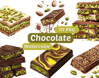 Watercolor Pistachio with Chocolate Clipart | Chocolate PNG | PNG Bundle | Dubai Chocolate PNG | Watercolor Art | Chocolate Clipart