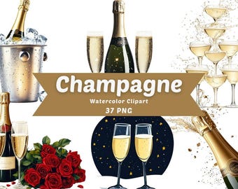 May include: Watercolor clipart of champagne bottles, glasses, and a champagne tower. The clipart includes 37 PNG files.
