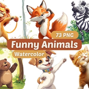 Funny Animals Watercolor Clipart | Animals PNG | PNG Bundle | Digital Download | Watercolor Art | Cute Animal Graphics | Animal PNG