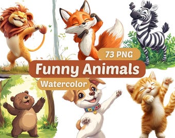 Funny Animals Watercolor Clipart | Animals PNG | PNG Bundle | Digital Download | Watercolor Art | Cute Animal Graphics | Animal PNG