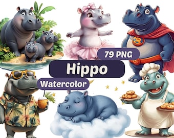 Cute Hippo Watercolor Clipart | Hippo PNG | PNG Bundle | Digital Download | Watercolor Art | Nursery Graphics | Animal PNG