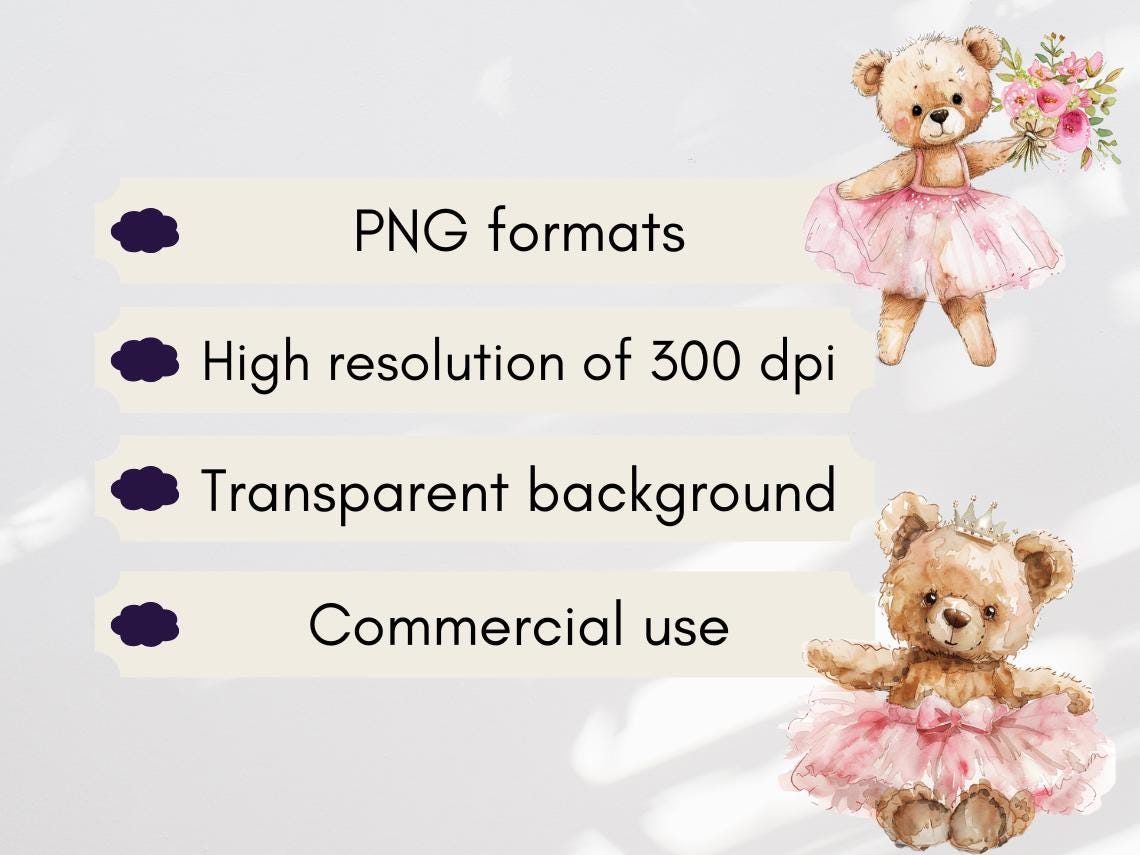 Ballerine Teddy Bear Watercolor Clipart | Teddy Bear PNG | PNG Bundle ...