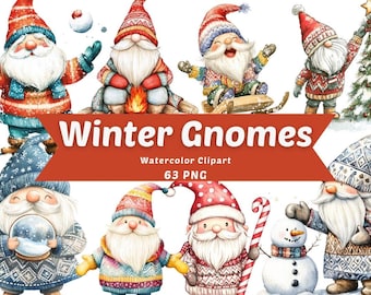 May include: A set of watercolor clipart featuring winter gnomes in various poses. The gnomes are wearing colorful hats and sweaters, and some are holding winter-themed items like snowballs, candy canes, and a snow globe. The text "Winter Gnomes" and "Watercolor Clipart" is displayed on a red banner.
