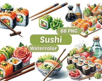 Clipart aquarelle de sushi | autocollant | Ensemble PNG | Téléchargement numérique | Aquarelle | Téléchargement numérique instantané | Utilisation commerciale