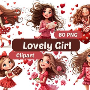 Imágenes prediseñadas de niña encantadora / Imágenes prediseñadas de niña linda / Paquete PNG / Niña de San Valentín / Gráficos lindos de San Valentín / Ilustraciones de San Valentín / Niña linda de San Valentín