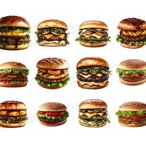 May include: Twelve different variations of gourmet hamburgers with various toppings, including lettuce, tomato, onion, cheese, mushrooms, and pineapple. The burgers are all on sesame seed buns.