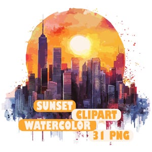Sunset Watercolor Clipart | Sunset Sticker | PNG Bundle | Digital Download | Watercolor Art | Watercolor Landscape PNG | Commercial Use