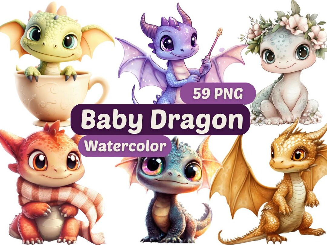 Cute Baby Dragon Watercolor Clipart | Dragon | PNG Bundle | Digital ...
