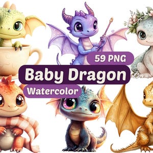 May include: Watercolor illustrations of baby dragons in various colors, including green, purple, and orange. One dragon is in a teacup, and another is wearing a scarf. The image includes the text "Baby Dragon Watercolor" and "59 PNG".