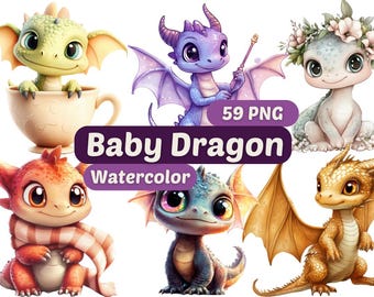 Cute Baby Dragon Watercolor Clipart | Dragon | PNG Bundle | Digital Download | Fantasy Clipart | Watercolor Dragon | Commercial Use