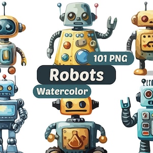 ロボットのクリップアート | ロボット | PNGバンドル | デジタルダウンロード | 水彩画 | インスタントデジタルダウンロード | 商用利用 | お子様へのギフト