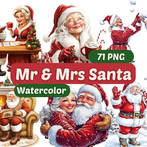 Christmas Mr. and Mrs. Santa Watercolor Clipart | Santa PNG | PNG Bundle | Santa Claus Clipart | Christmas Clipart | Santa&#39;s World Graphics
