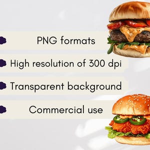 May include: Two different types of burgers, one with a beef patty and the other with a fried chicken patty. Both burgers have lettuce, tomato, and cheese. The burgers are on a white background with text that says "PNG formats", "High resolution of 300 dpi", "Transparent background", and "Commercial use".