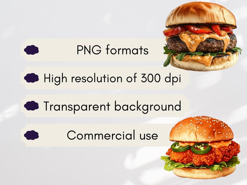 May include: Two different types of burgers, one with a beef patty and the other with a fried chicken patty. Both burgers have lettuce, tomato, and cheese. The burgers are on a white background with text that says "PNG formats", "High resolution of 300 dpi", "Transparent background", and "Commercial use".