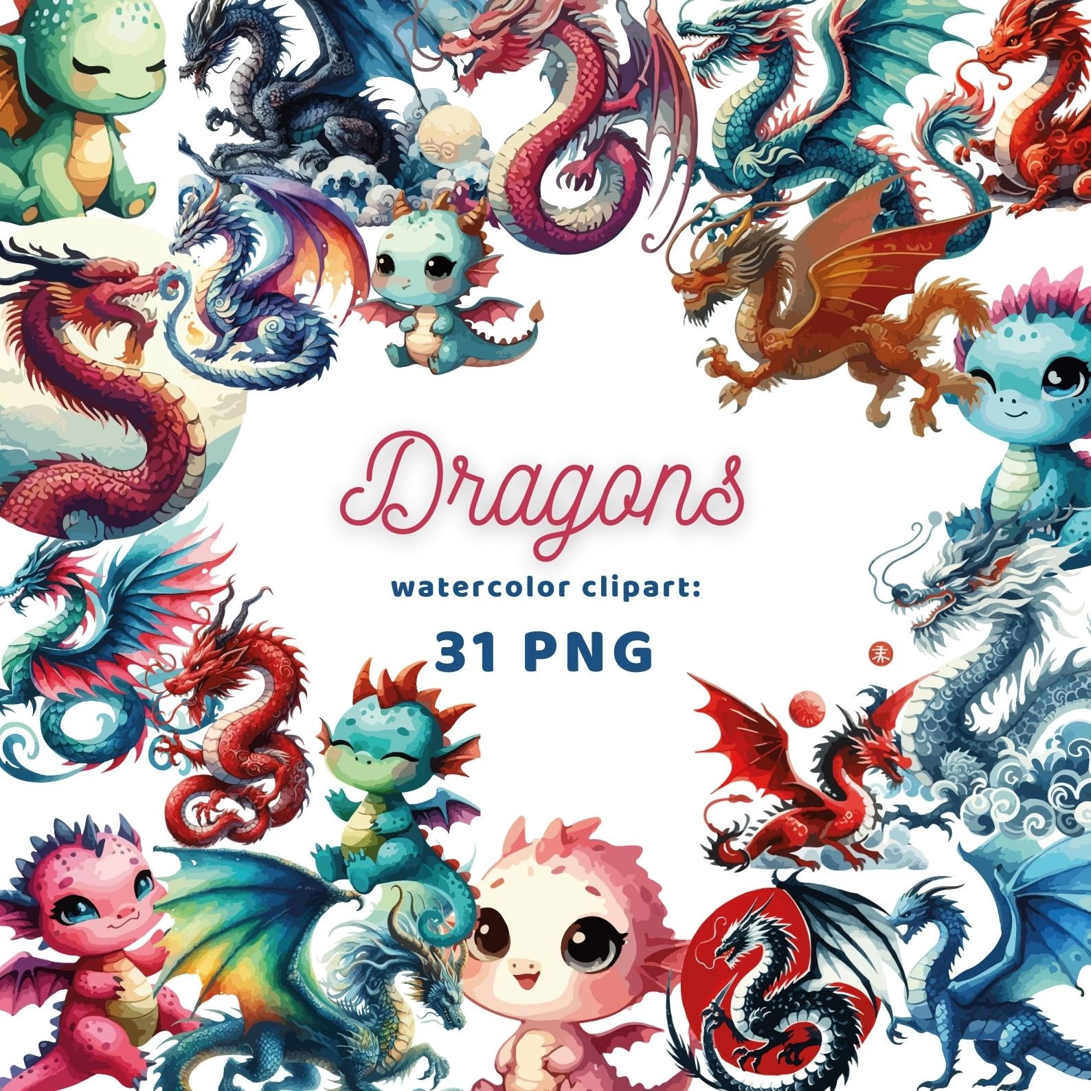 Dragons Watercolor Clipart | Sticker | PNG Bundle | Digital Download ...