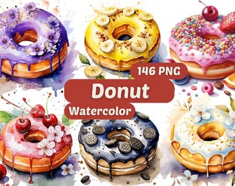 Donuts Watercolor Clipart | Sweet Doughnut Images | Food Graphics | Bakery Images | Watercolor Foods | Food Clipart | Food Illustration