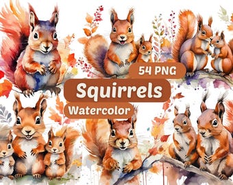 Wiewiórki Clipart akwarelowy | Wiewiórki Clipart | PNG Bundle | Urocze ilustracje zwierząt | Sztuka akwarelowa | Grafika zwierząt | Zwierzęcy PNG