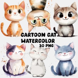 Cartoon Cats Watercolor Clipart | Sticker | PNG Bundle | Digital Download | Watercolor Art | Instant Digital Download | Commercial Use