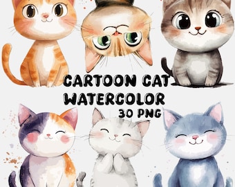 Cartoon Cats Watercolor Clipart | Sticker | PNG Bundle | Digital Download | Watercolor Art | Instant Digital Download | Commercial Use