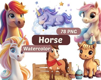 Clipart de Cavalo Aquarela | Cavalo PNG | Pacote PNG | Download Digital | Arte em Aquarela | Gráficos de Cavalo | Animal PNG
