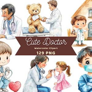 Uroczy Doktor Akwarela Clipart | Doktor Dzieci Clipart | PNG Pakiet | Pobieranie Cyfrowe | Sztuka Akwarela | Dzieci PNG | Medyczny Clipart