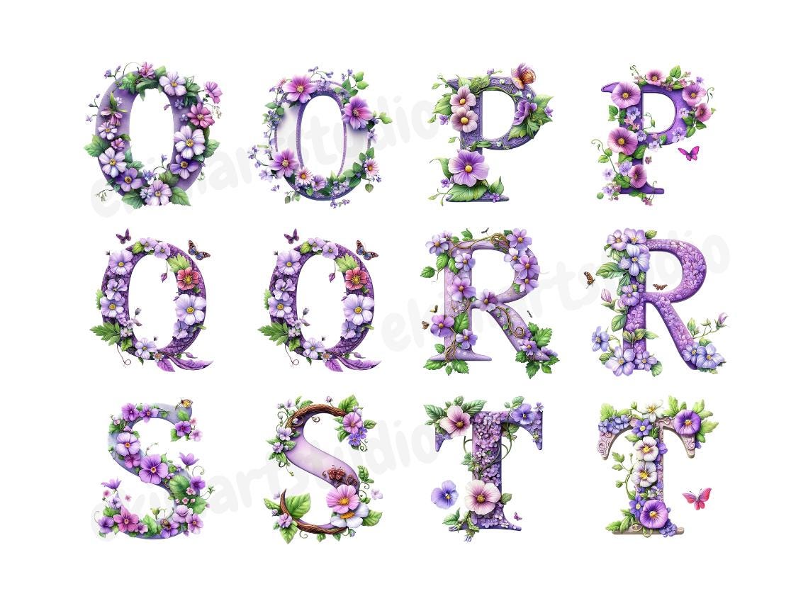 Floral Purple Alphabet Clipart | Floral Alphabet PNG | Alphabet PNG ...