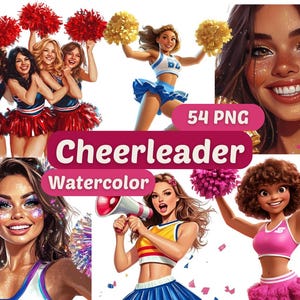チアリーダーの水彩画クリップアート | スポーツガール PNG | PNG バンドル | チアリーダーのクリップアート | 水彩画クリップアート | チアリーダーの女の子のグラフィック